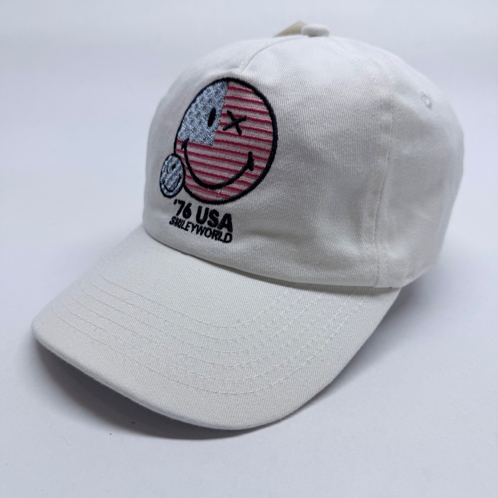 SmileyWorld 76 USA American Flag Smiley Face Snapback Hat White Cotton OSFM